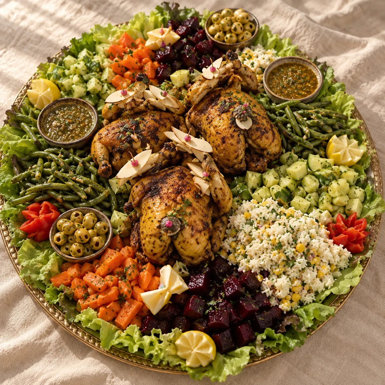 Poulets de réception — Un plateau généreux de poulets dorés, légumes variés et salades composées